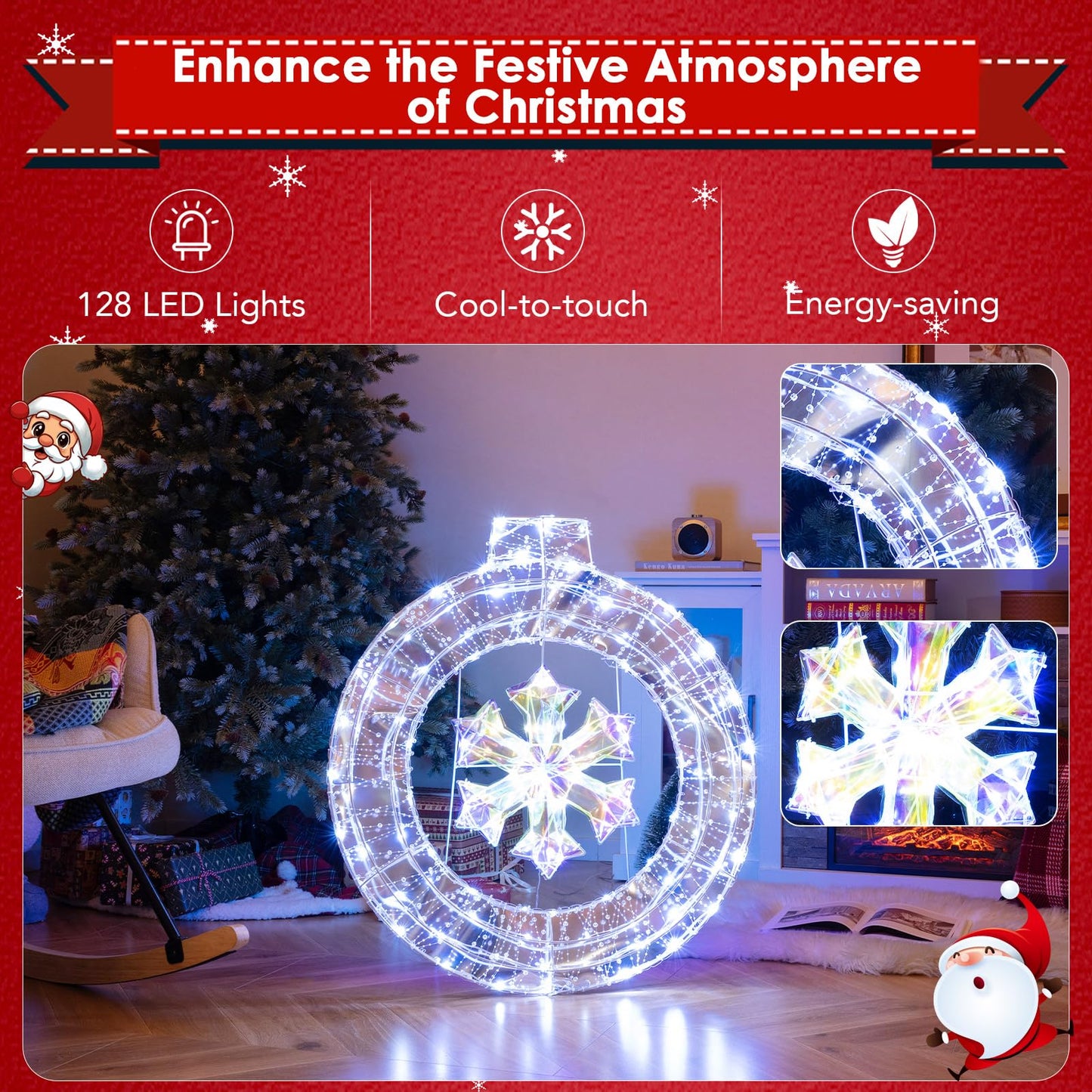 33 Inch Lighted Snowflake Wreath with Hanging Ring and Support Bracket