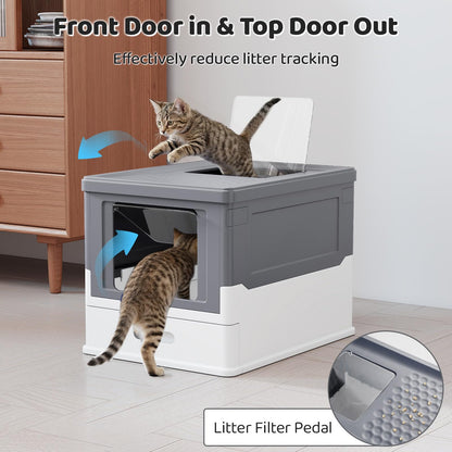 Cat Litter Box, Foldable Hooded Litter Tray with Lid, Flip Top Exit