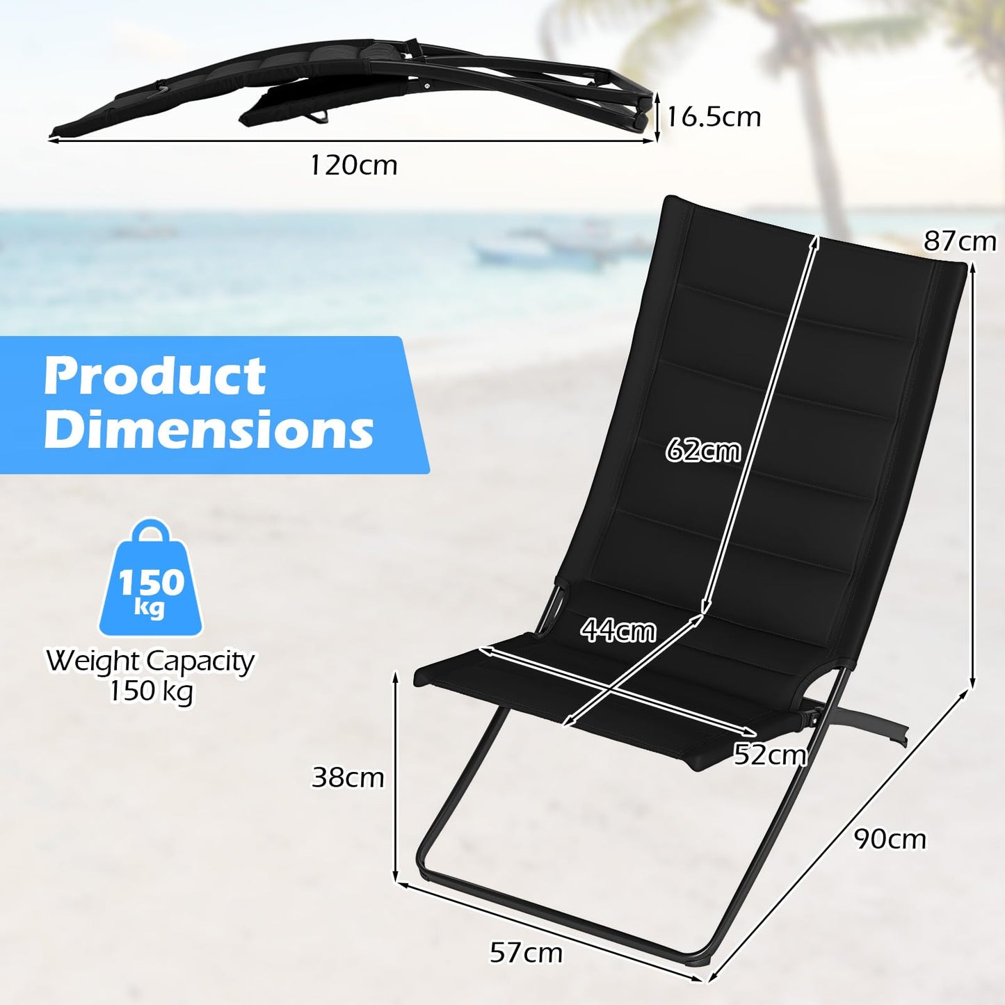 Folding Deck Chairs Set of 2, Outdoor Sling Chair Seaside Sun Lounger