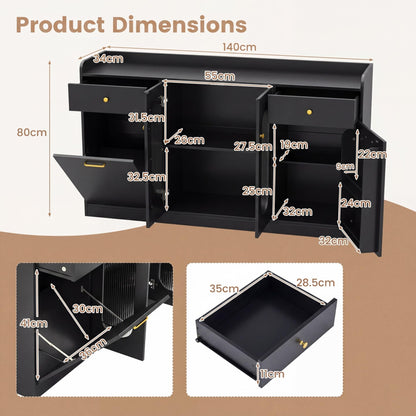 140cm Buffet Sideboard, Tilt Out Trash Can Cabinet with Glass Doors