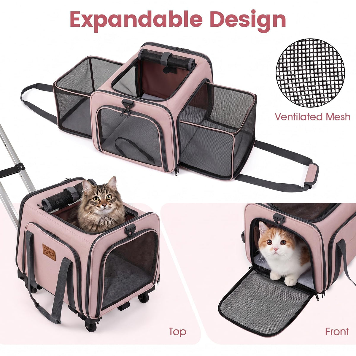 Rolling Cat Carrier with Wheels and Telescopic Handle