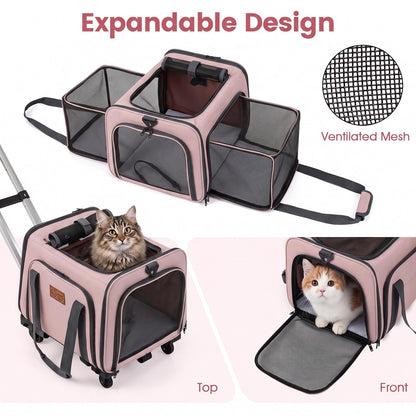 Rolling Cat Carrier with Wheels and Telescopic Handle