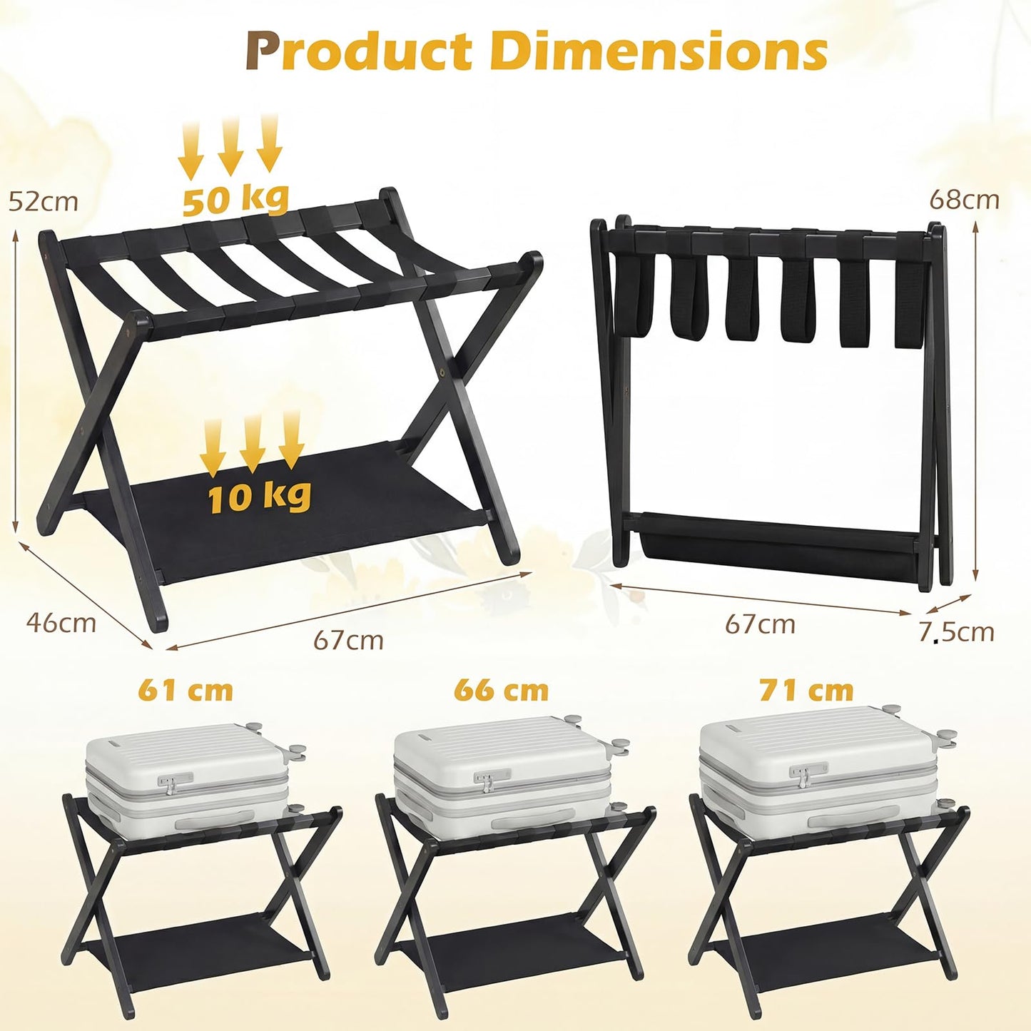 Folding Luggage Rack, Solid Rubber Wood Suitcase Stand with Storage Shelf