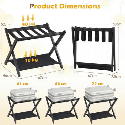 Folding Luggage Rack, Solid Rubber Wood Suitcase Stand with Storage Shelf