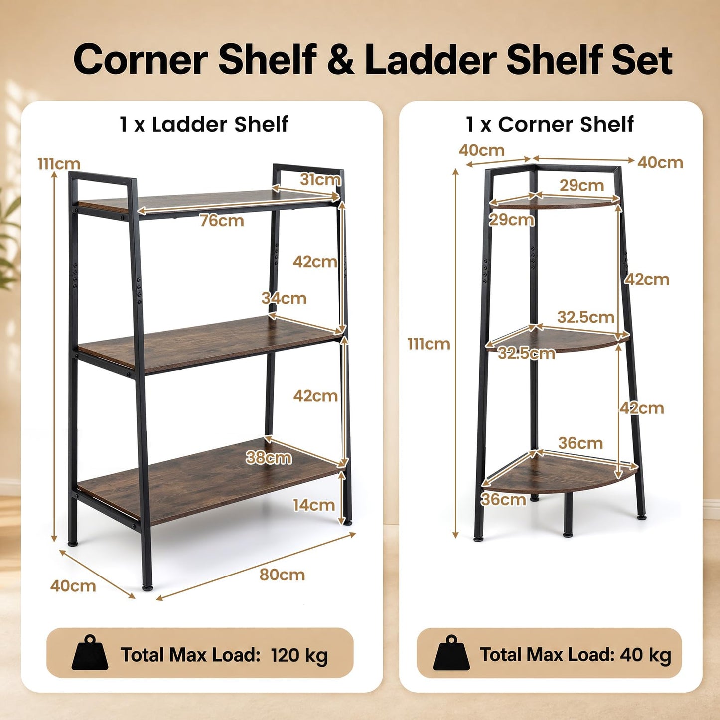 3-Tier Ladder Shelf & Corner Stand, Rustic Brown