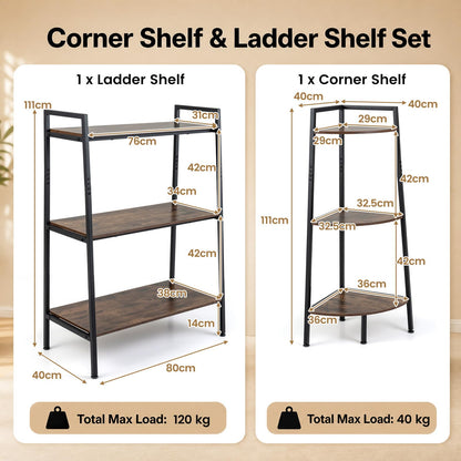 3-Tier Ladder Shelf & Corner Stand, Rustic Brown