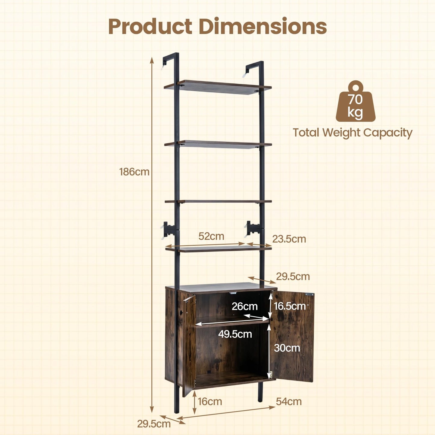 7-Tier Ladder Bookshelf with 2-Door Cabinet and 4 Shelves