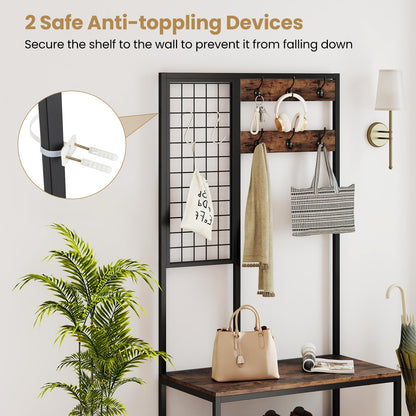 Freestanding Coat Rack with Shoe Storage Bench & Wall Grid Panel