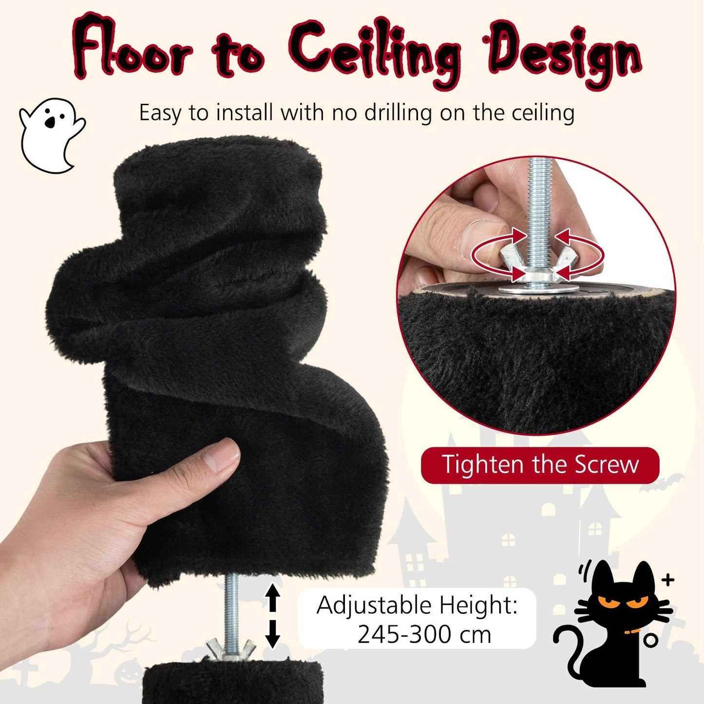 Floor to Ceiling Cat Tree, 5 Tier Tall Cat Tower with 245-300cm Adjustable Height