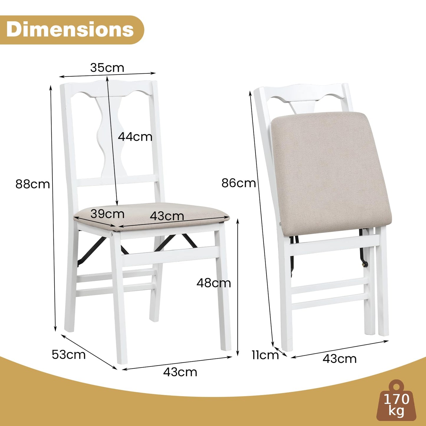Set of 2 Folding Dining Chairs with Soft Padded Seat and Smooth Solid Backrest