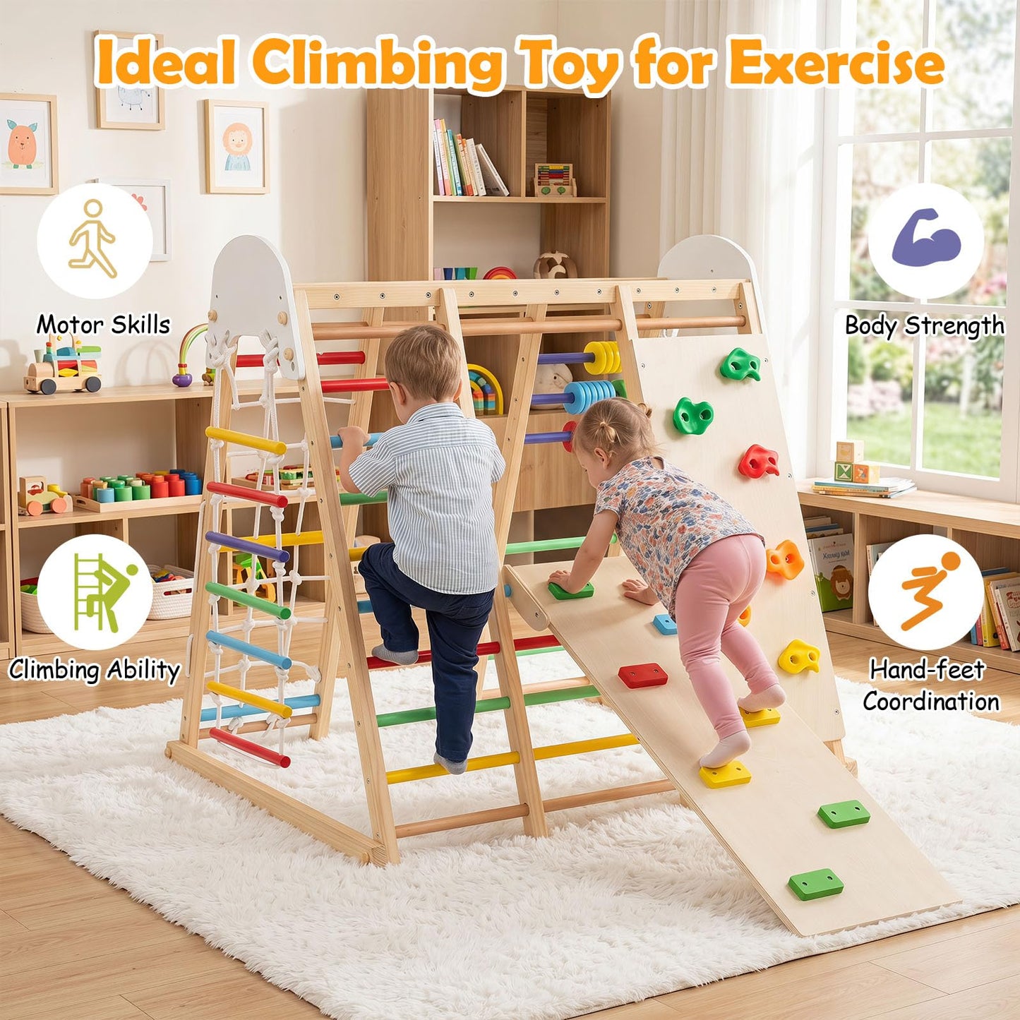 Indoor Climbing Frame, 8 in 1 Wooden Kids Jungle Gym with Swing