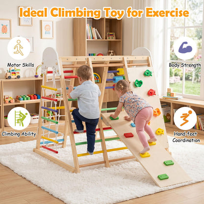 Indoor Climbing Frame, 8 in 1 Wooden Kids Jungle Gym with Swing