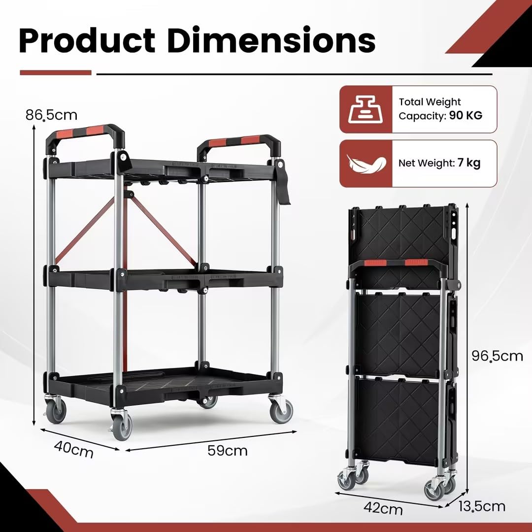 3-Tier Folding Utility Cart with 360° Swivel Wheels for Garage