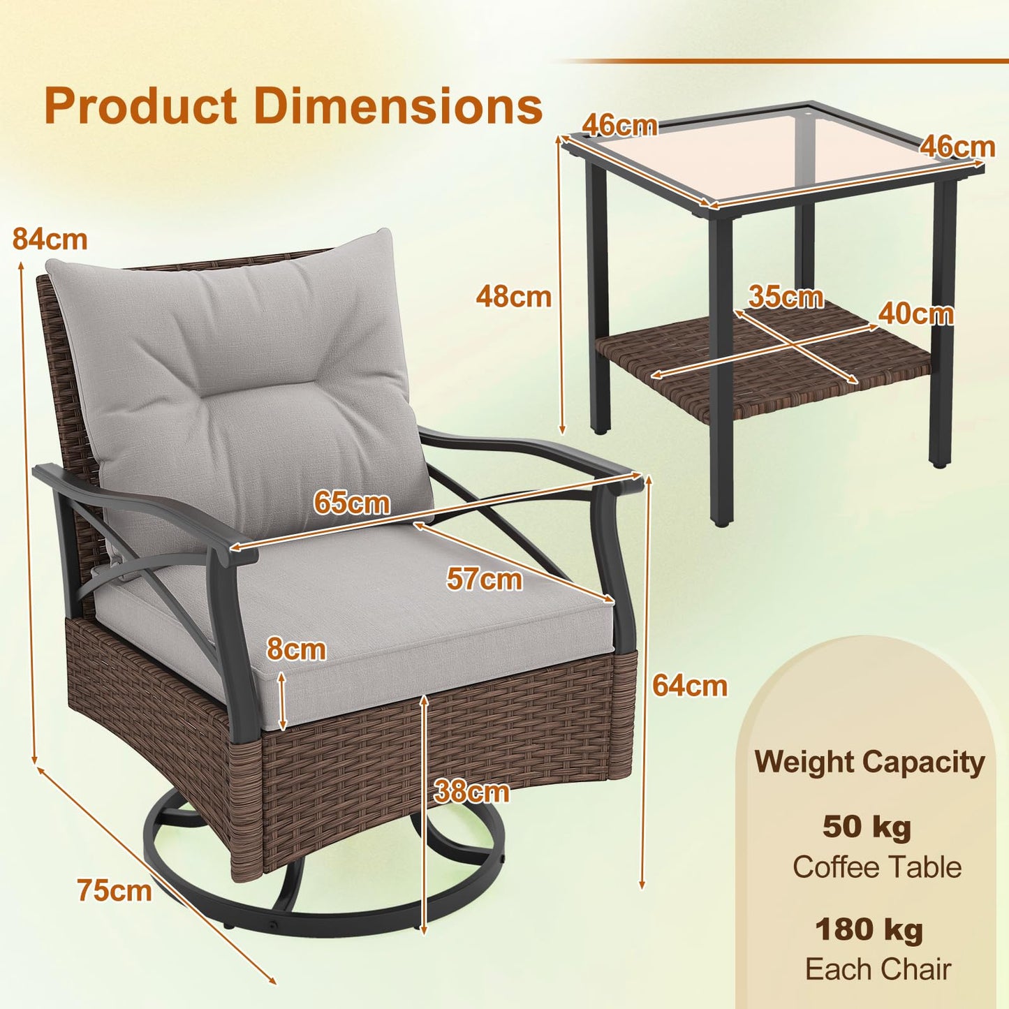 3 Piece Patio Swivel Rocker Set with 2-Tier Coffee Table
