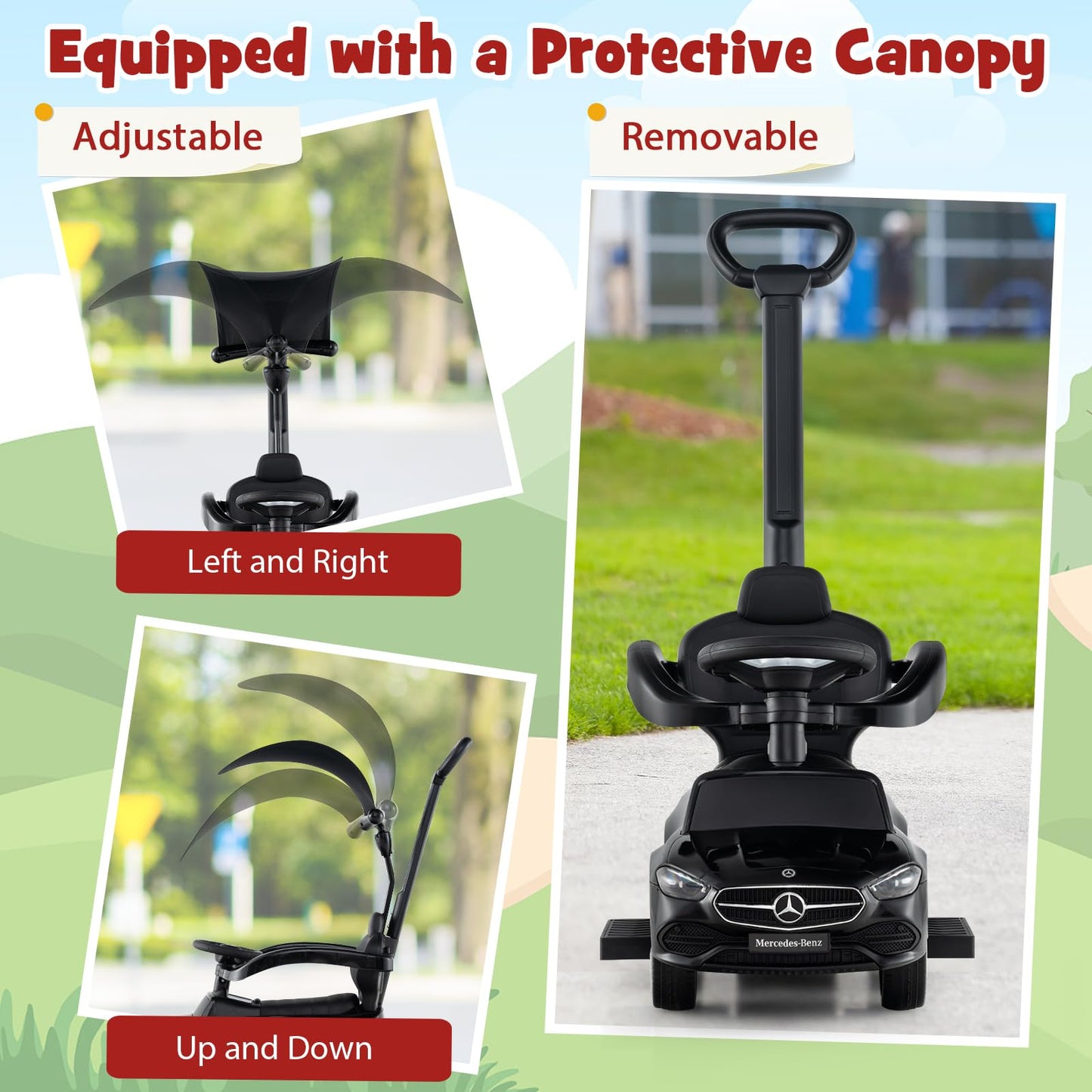3-in-1 Ride on Push Car with Adjustable Canopy and Steering Push Bar