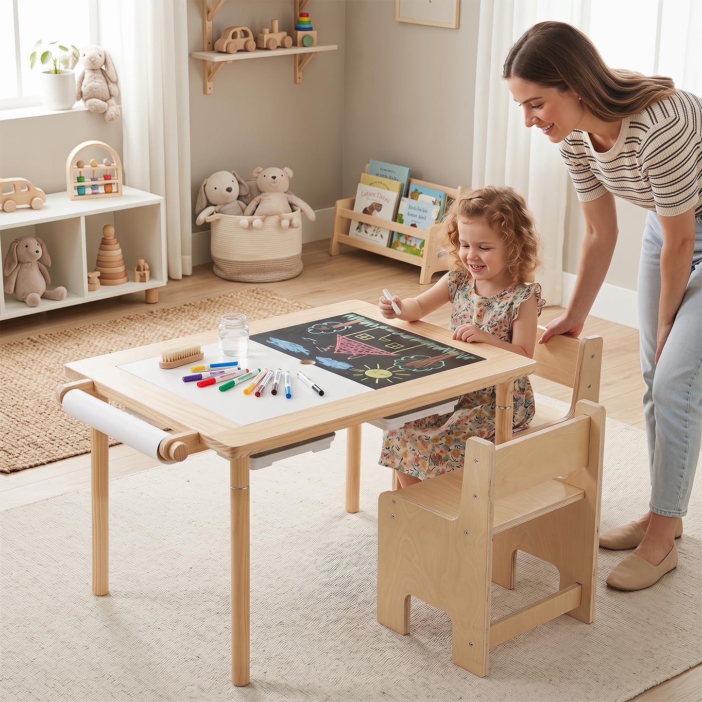 Sensory Table Set 3-Piece Kids Activity Table and Chair Set with Adjustable Height
