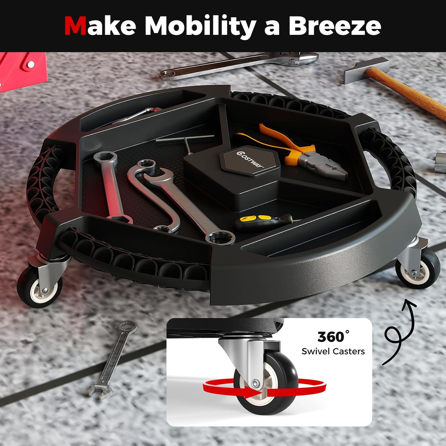 Mobile Automotive Tool Creeper with 3 Swivel Casters and 4 Compartments