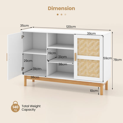 120 CM Sideboard Buffet Cabinet with 2 Bamboo Woven Doors and 3 Open Shelves