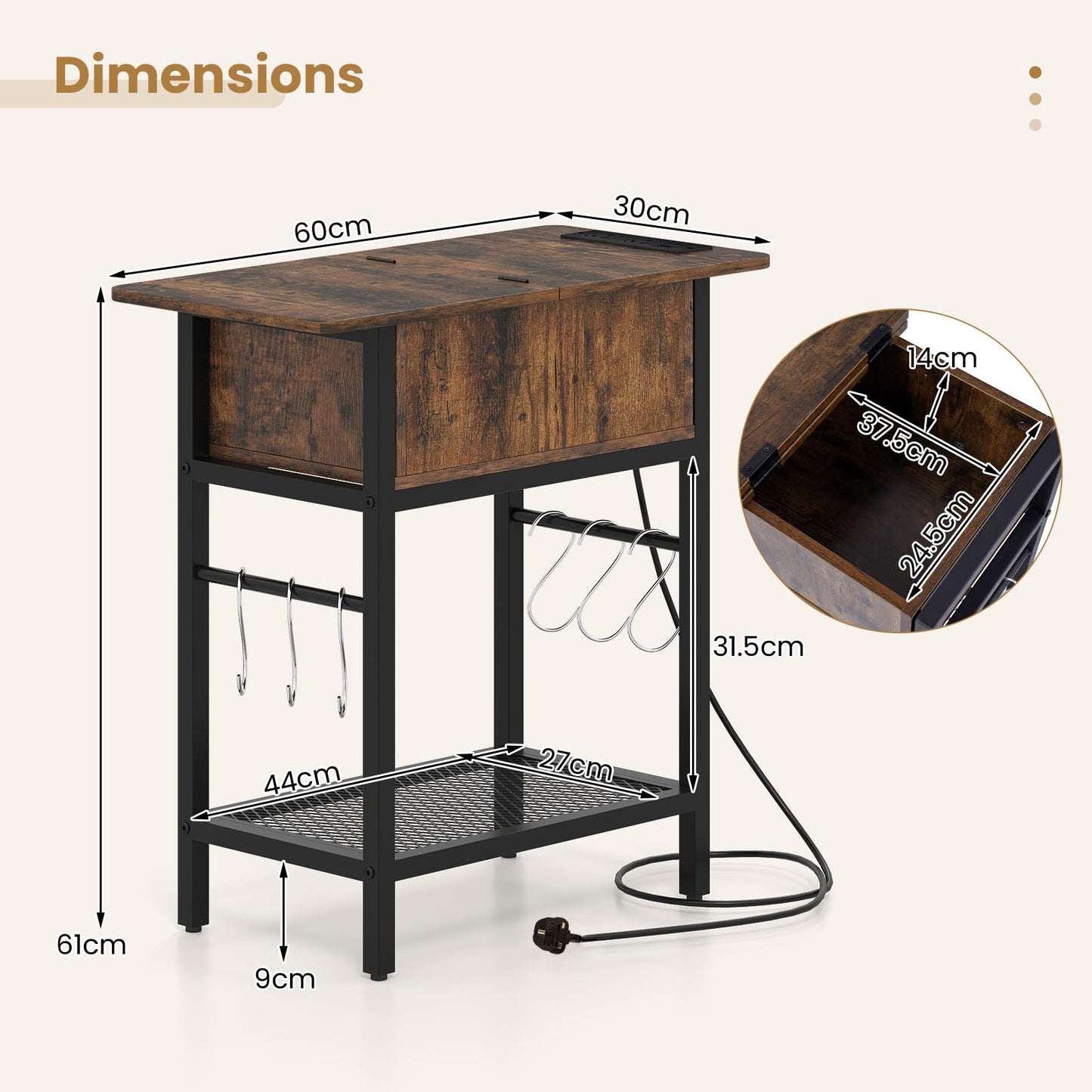 Narrow End Table Skinny Sofa Side Table for Small Space