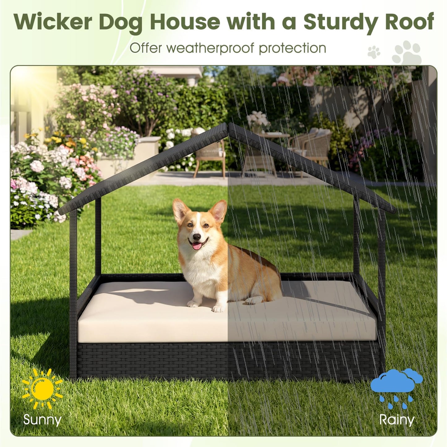 Wicker Dog Bed, Raised Rattan Dogs House with Canopy, Removable Cushion