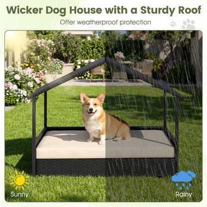 Wicker Dog Bed, Raised Rattan Dogs House with Canopy, Removable Cushion