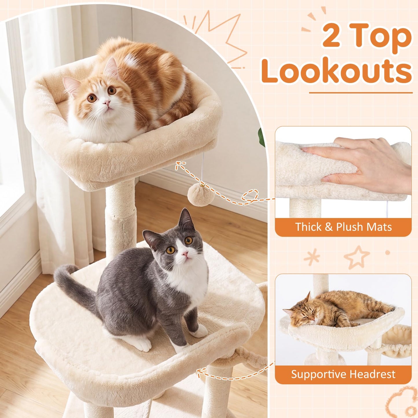 Cat Tree, 149cm Tall Cats Tower with Perches, Plush Condo, Cozy Basket
