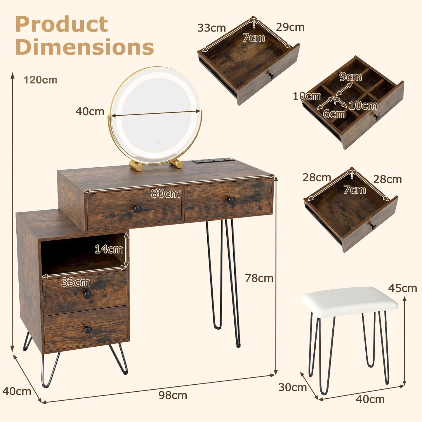 Dressing Table with 360° Rotation LED Mirror and Stool, Makeup Table Vanity Desk Set with Charging Station