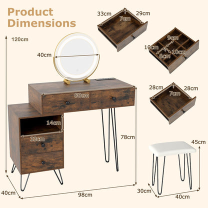 Dressing Table with 360° Rotation LED Mirror and Stool, Makeup Table Vanity Desk Set with Charging Station