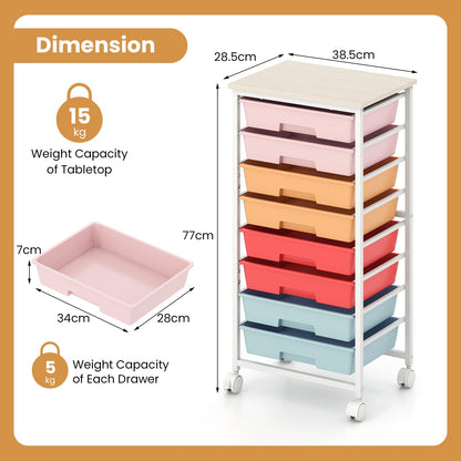 8 Drawers Storage Trolley, Rolling Utility Cart with Wooden Top