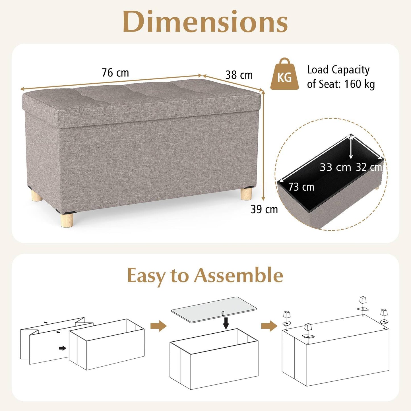 Linen Fabric Storage Ottoman Bench with Tray and Rubber Wood Legs