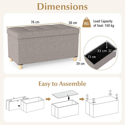 Linen Fabric Storage Ottoman Bench with Tray and Rubber Wood Legs