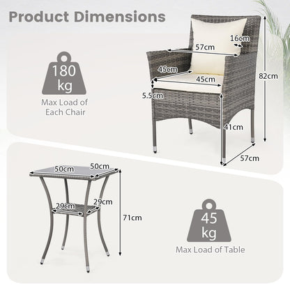 3-Piece Patio Bistro Set, PE Rattan Furniture Set with 2 Cushioned Chairs and Tempered Glass Table