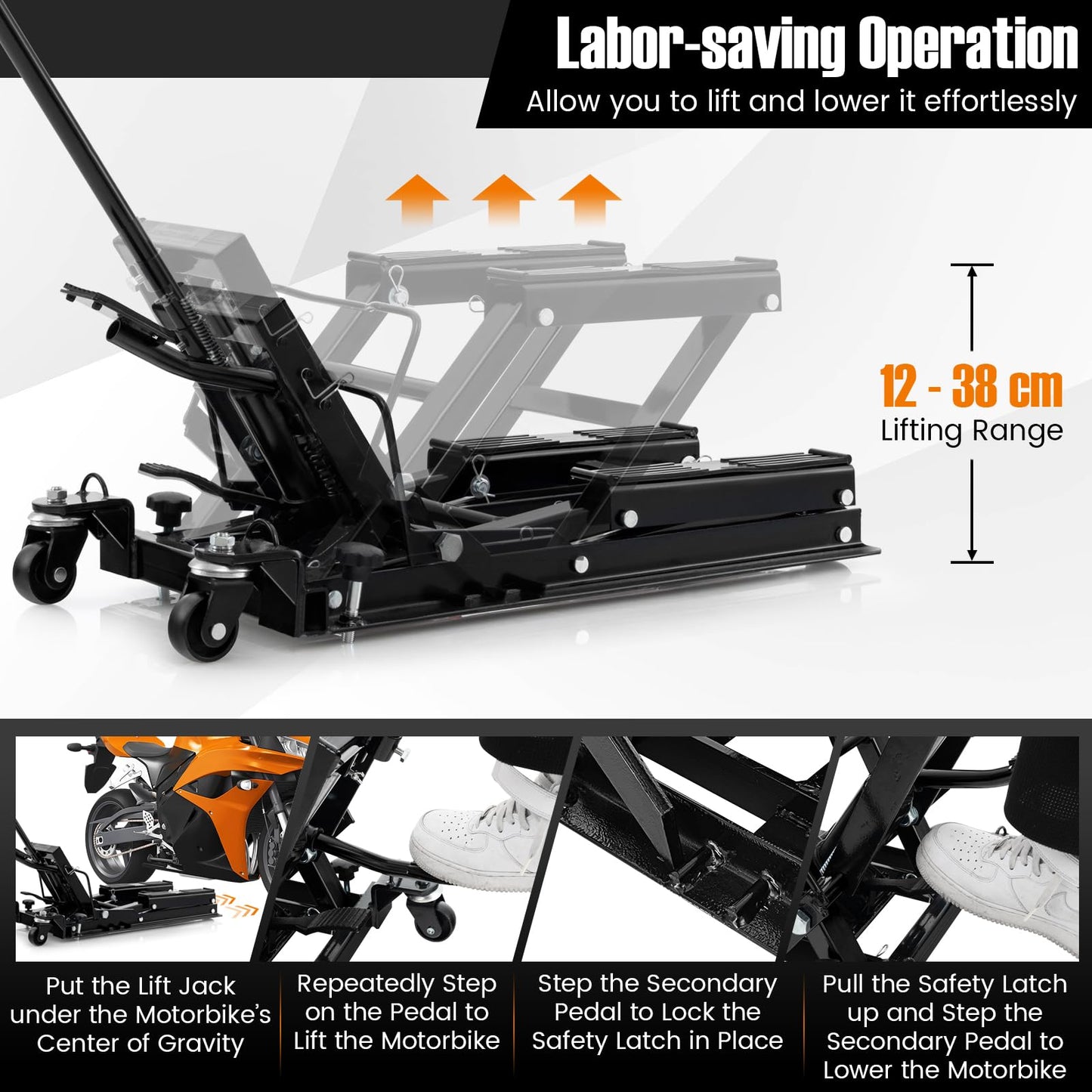 680KG Motorcycle Lift Jack with 4 Wheels and Footplates