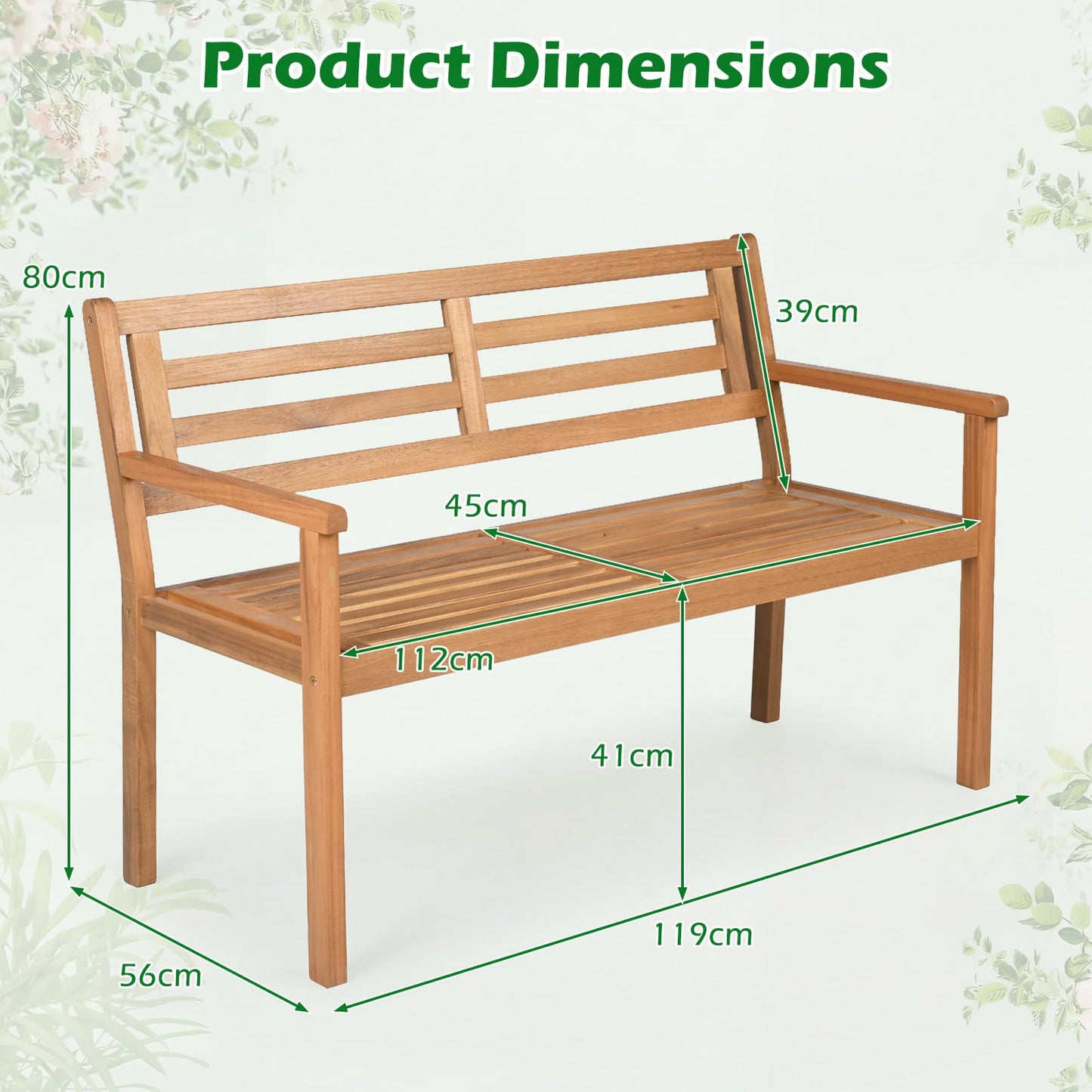 119 cm 2-Person Outdoor Loveseat Bench with Armrests and Backrest for Backyard