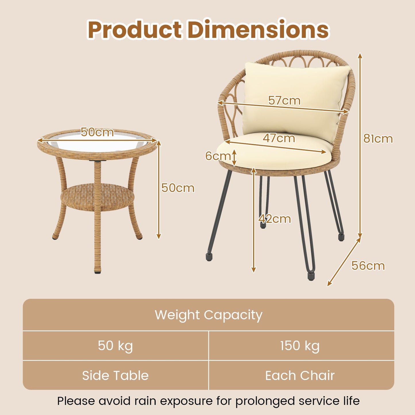 3 Pieces PE Wicker Patio Bistro Set with Cushions for Porch
