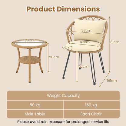 3 Pieces PE Wicker Patio Bistro Set with Cushions for Porch