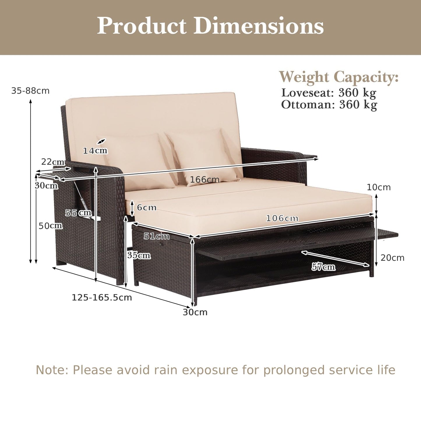 Garden Rattan Daybed, 4-Level Adjustable Patio Wicker Loveseat Sofa Bed Sun Lounger