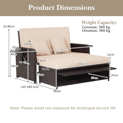 Garden Rattan Daybed, 4-Level Adjustable Patio Wicker Loveseat Sofa Bed Sun Lounger