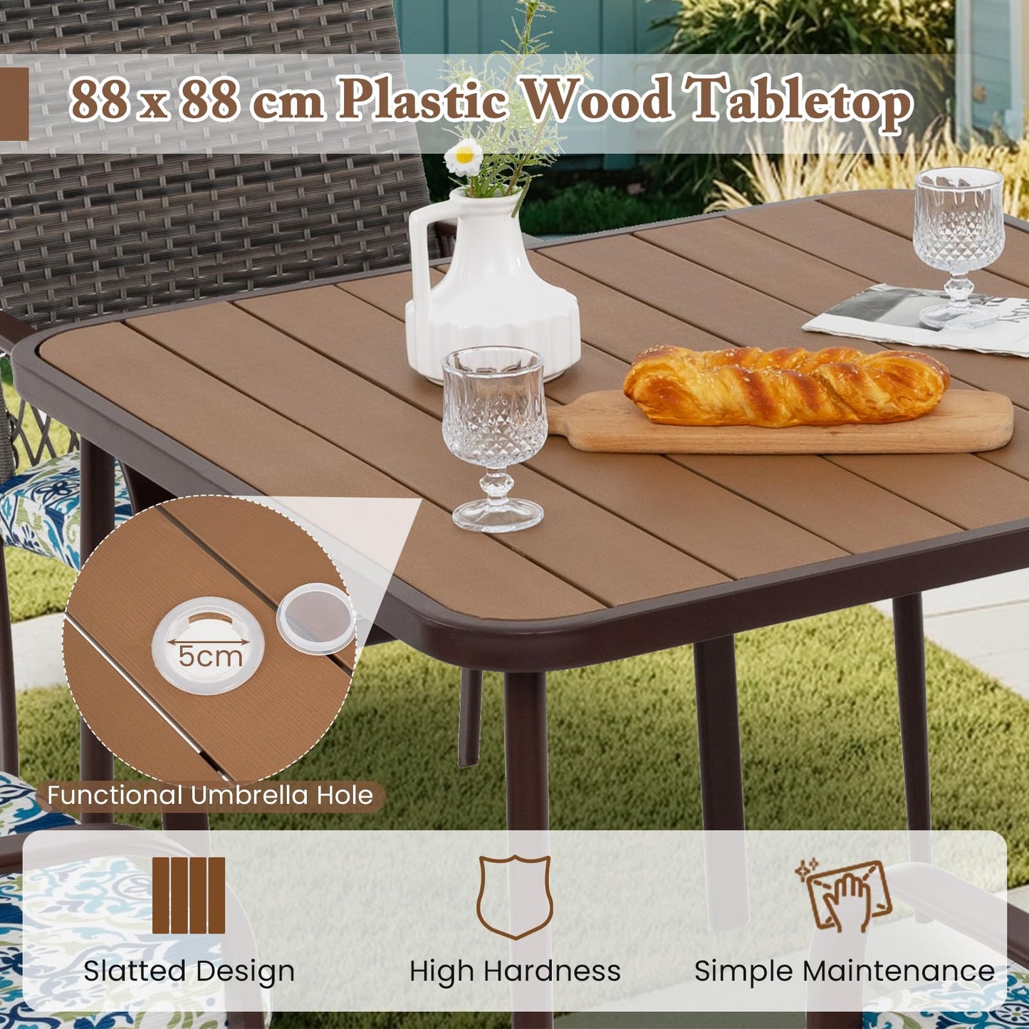 Square Garden Table with 4 Rattan Armchairs