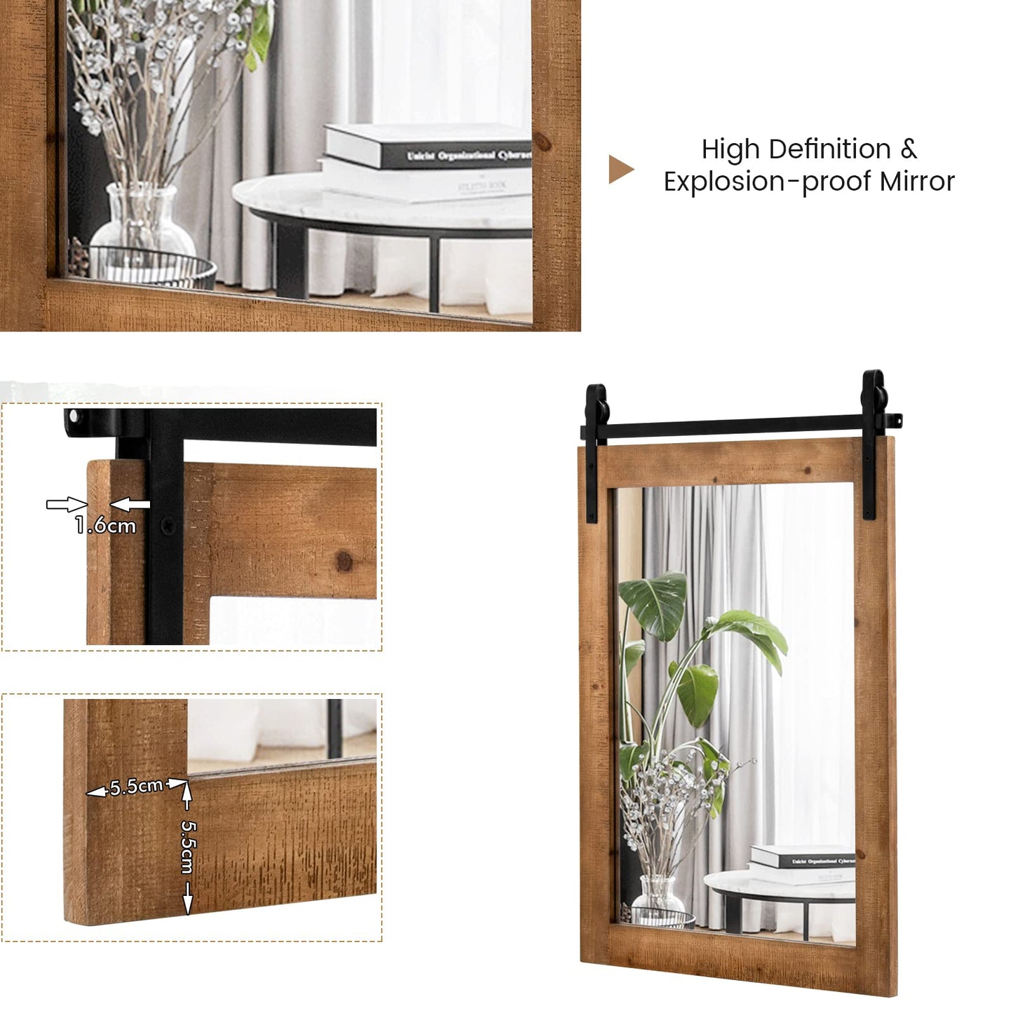 Wall Mounted Mirror with Solid Wood Frame and Metal Bracket