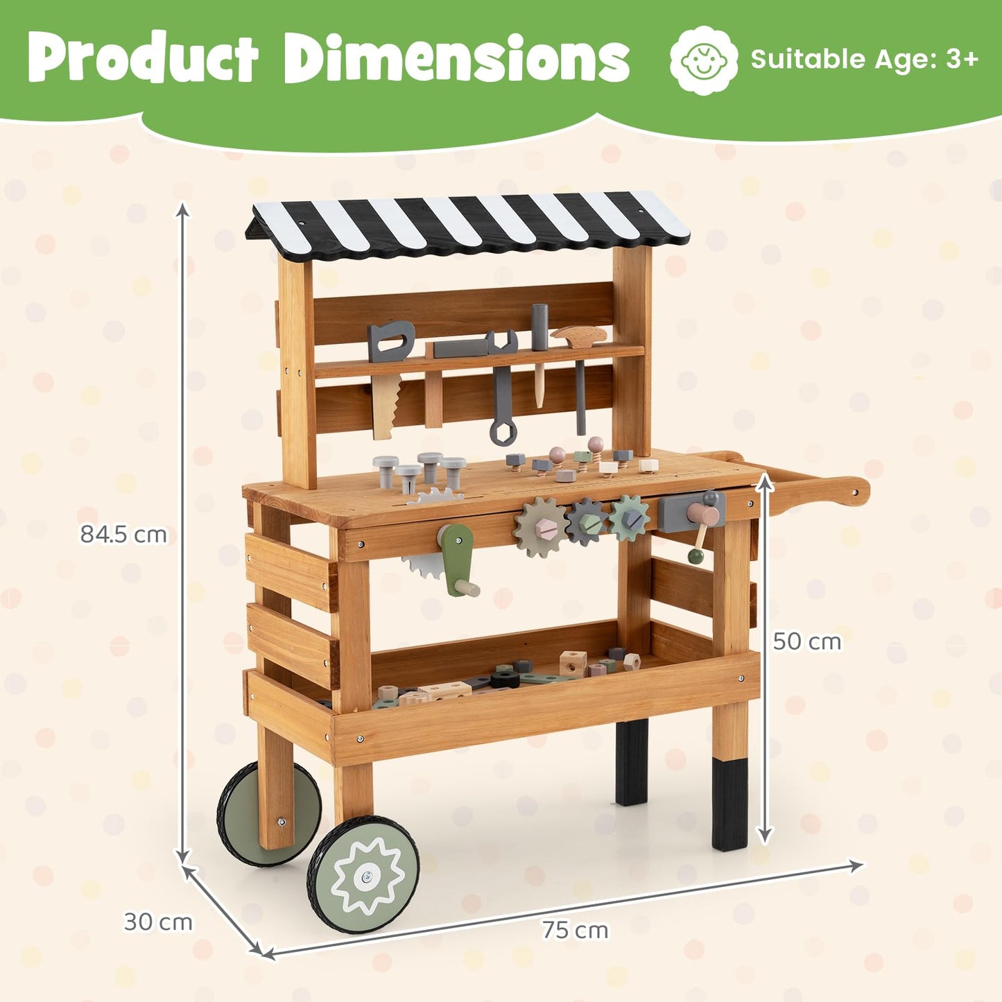Wooden Kids Tool Bench, 2-in-1 Toddler Workbench Rolling Cart