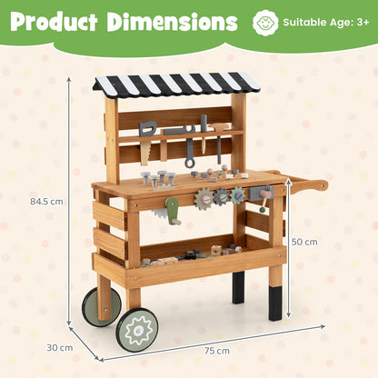 Wooden Kids Tool Bench, 2-in-1 Toddler Workbench Rolling Cart