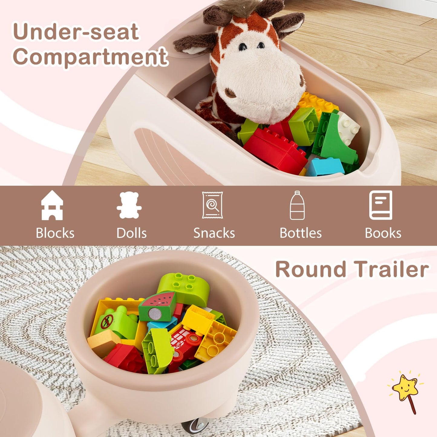 Toddler Ride on Toy with Trailer Sliding Car with Light and Music