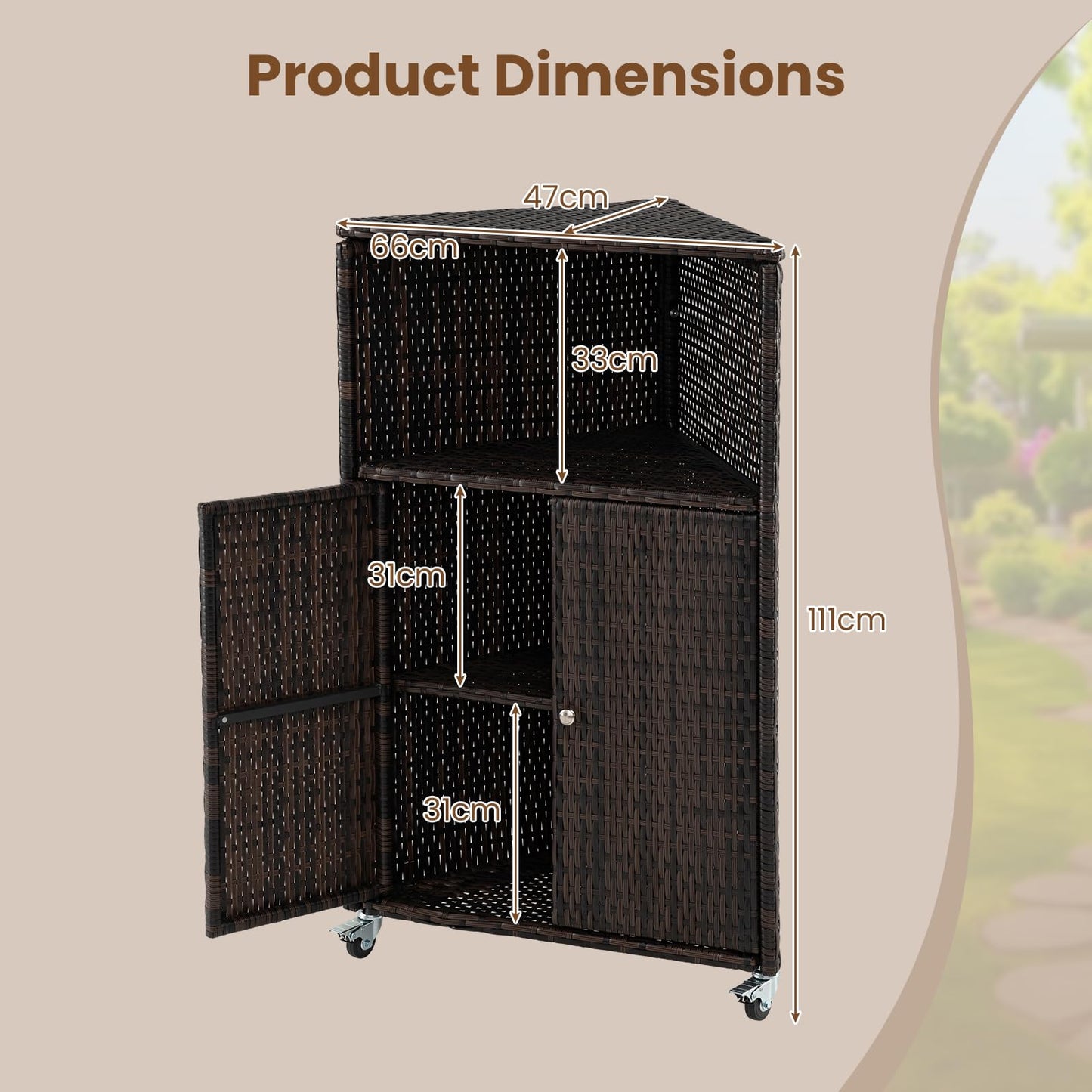 Outdoor Storage Cabinet, PE Rattan Corner Bar Cart with Shelves