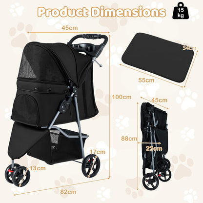 Pet Stroller with Adjustable Canopy and 3 Shock-absorbing Wheels