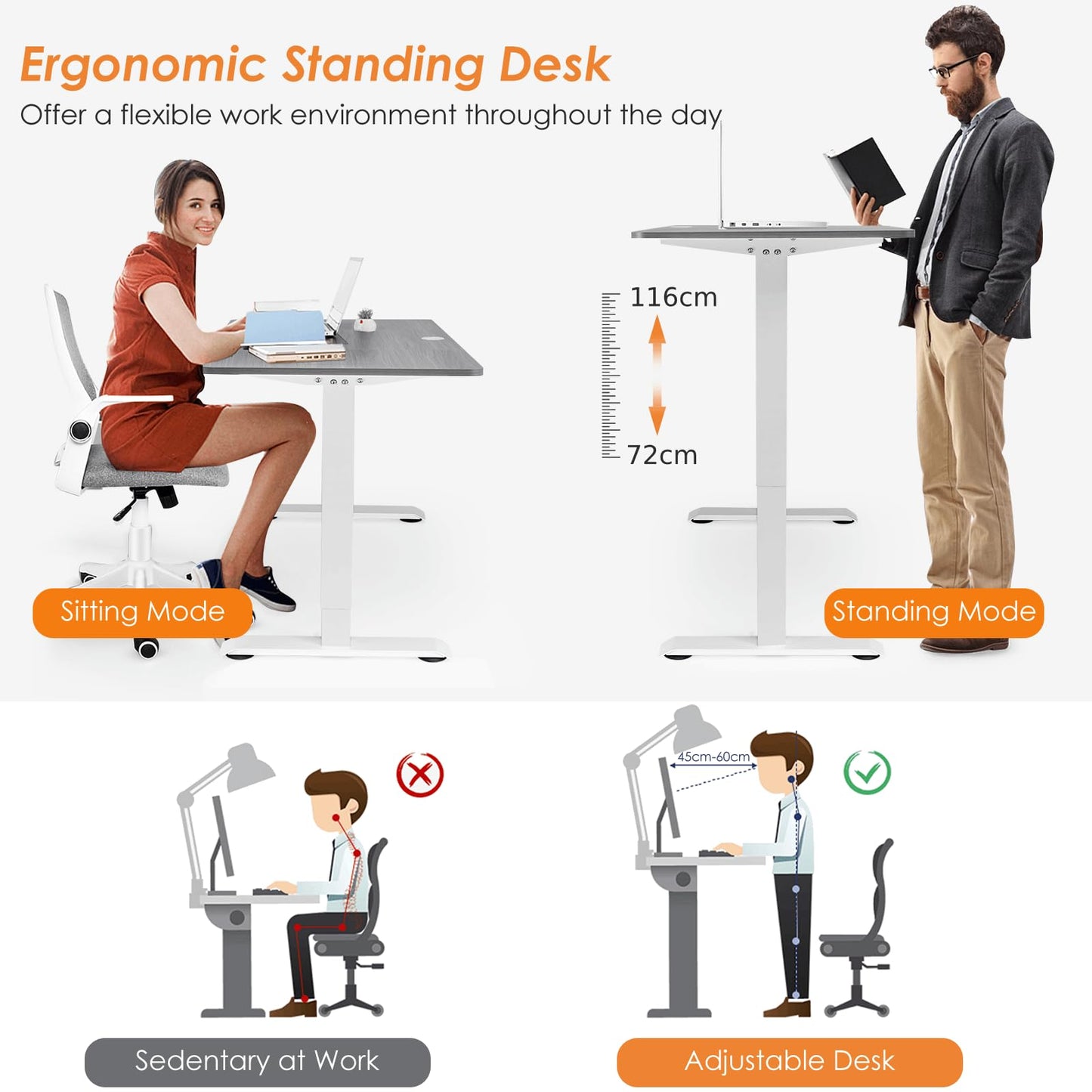 Electric Height Adjustable Standing Desk with Memory Smart Presets and Anti-Collision Function