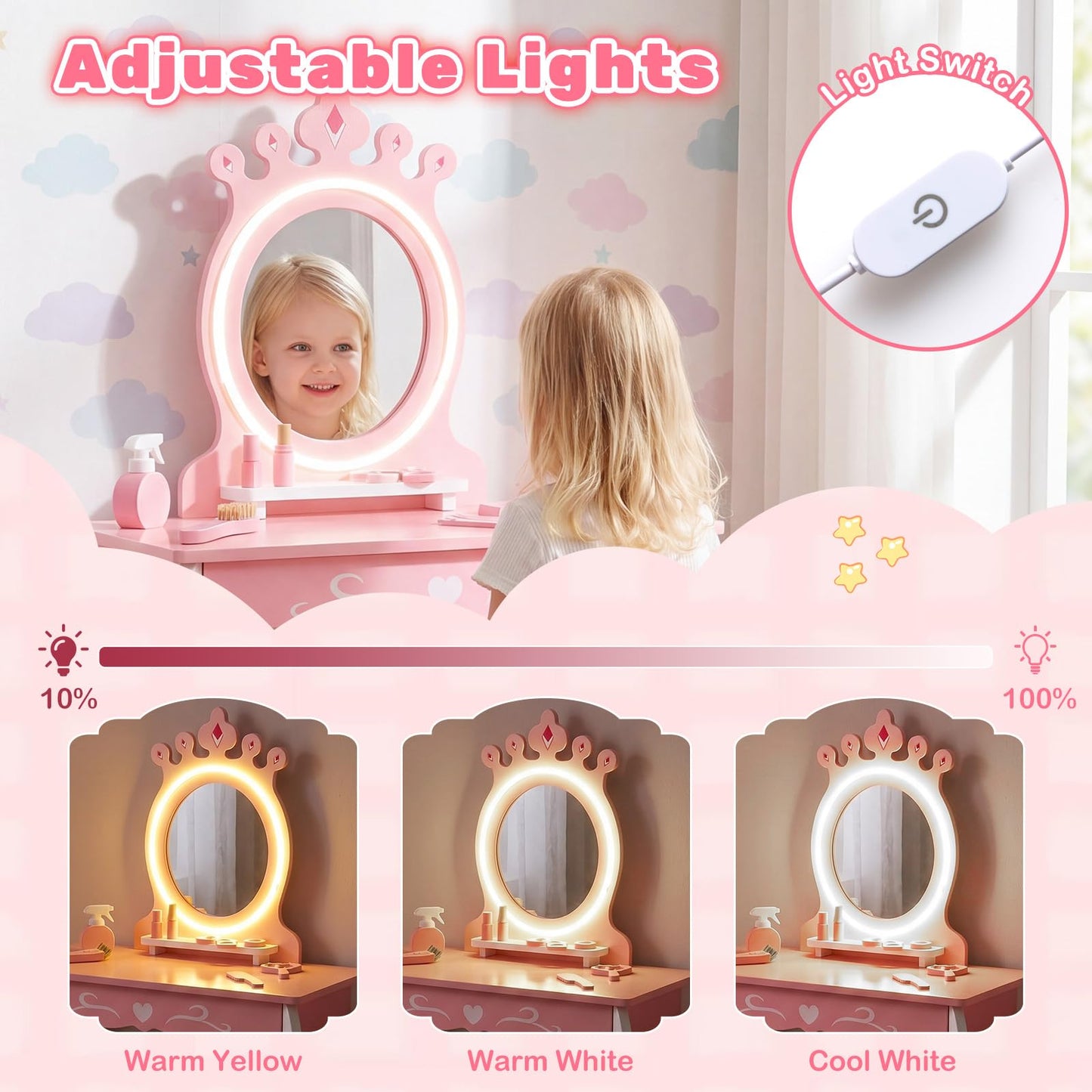 Kids Vanity Table and Chair Set, Girls Dressing Table