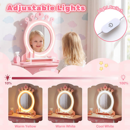 Kids Vanity Table and Chair Set, Girls Dressing Table