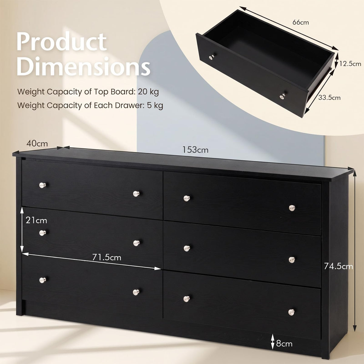 Freestanding Storage Cabinet with 6 Drawers and Anti-Toppling Device for Living Room