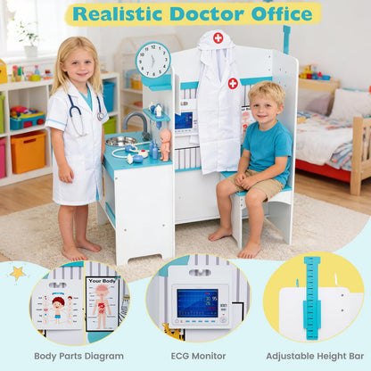 Wooden Toy Medical Center Playset with Faucet and ECG Monitor for Aged 3-6
